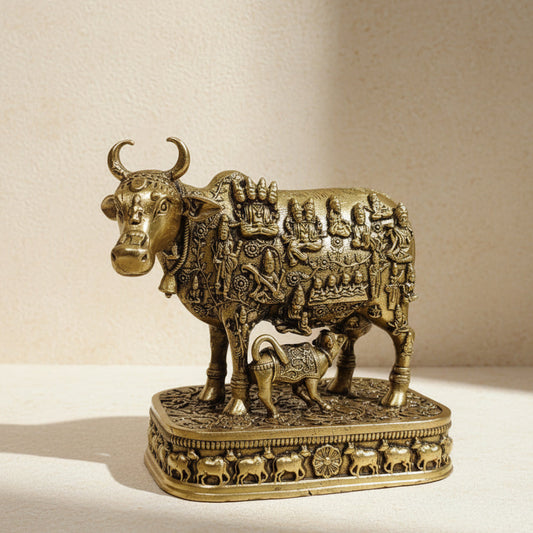 An ornate brass-colored metal sculpture of a cow and calf standing together on a decorative rectangular base, photographed against a plain white background.