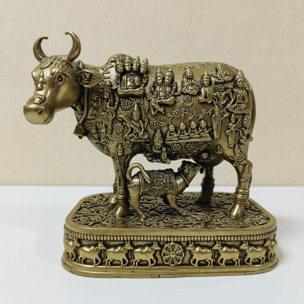 An ornate brass cow and calf figurine with intricate religious engravings on its body and a decorative base featuring small calf motifs.