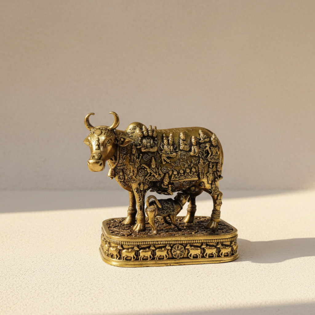 Kaamdhenu — Sacred Cow Brass Sculpture with Calf