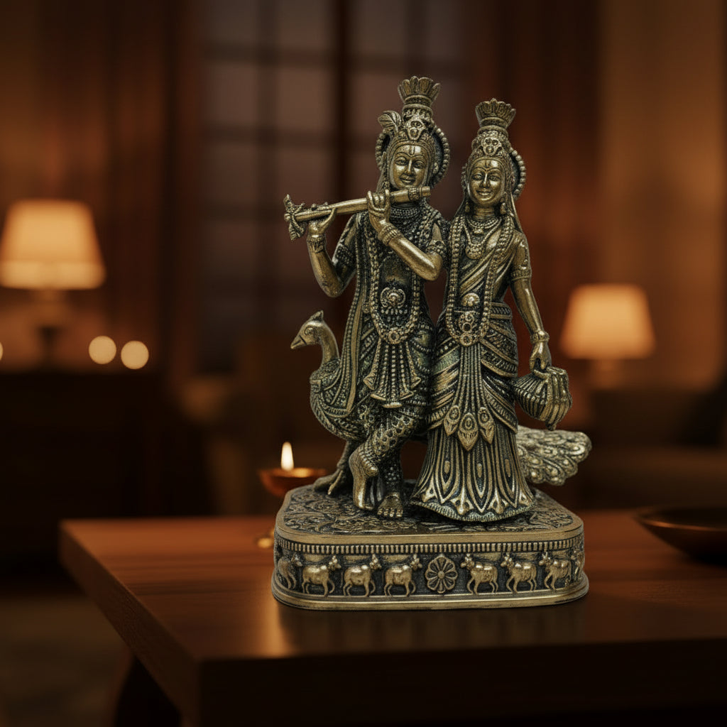 An antique-style brass statue of Lord Krishna and Queen Sita standing on an ornate decorative base with a peacock at their side, set against a light gray fabric backdrop.