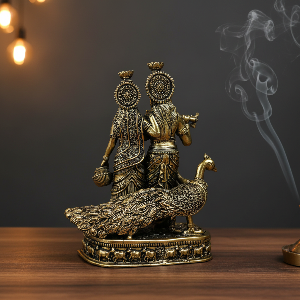 Radha Krishna Statue with Peacock — Brass Idol