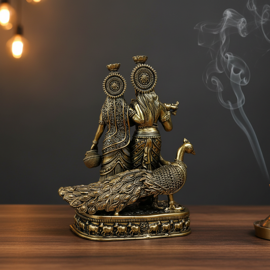 Radha Krishna Statue with Peacock — Brass Idol