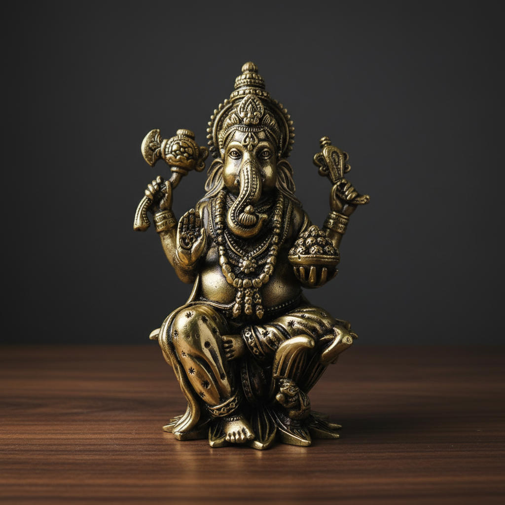 Brass Ganesha Idol — Close-Up Dark Moody
