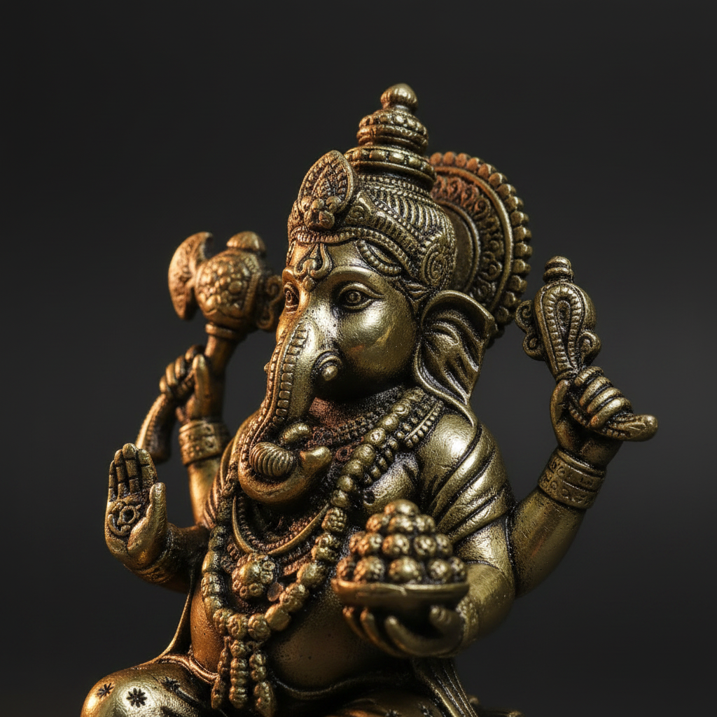 Brass Ganesha Idol — Close-Up Side Angle