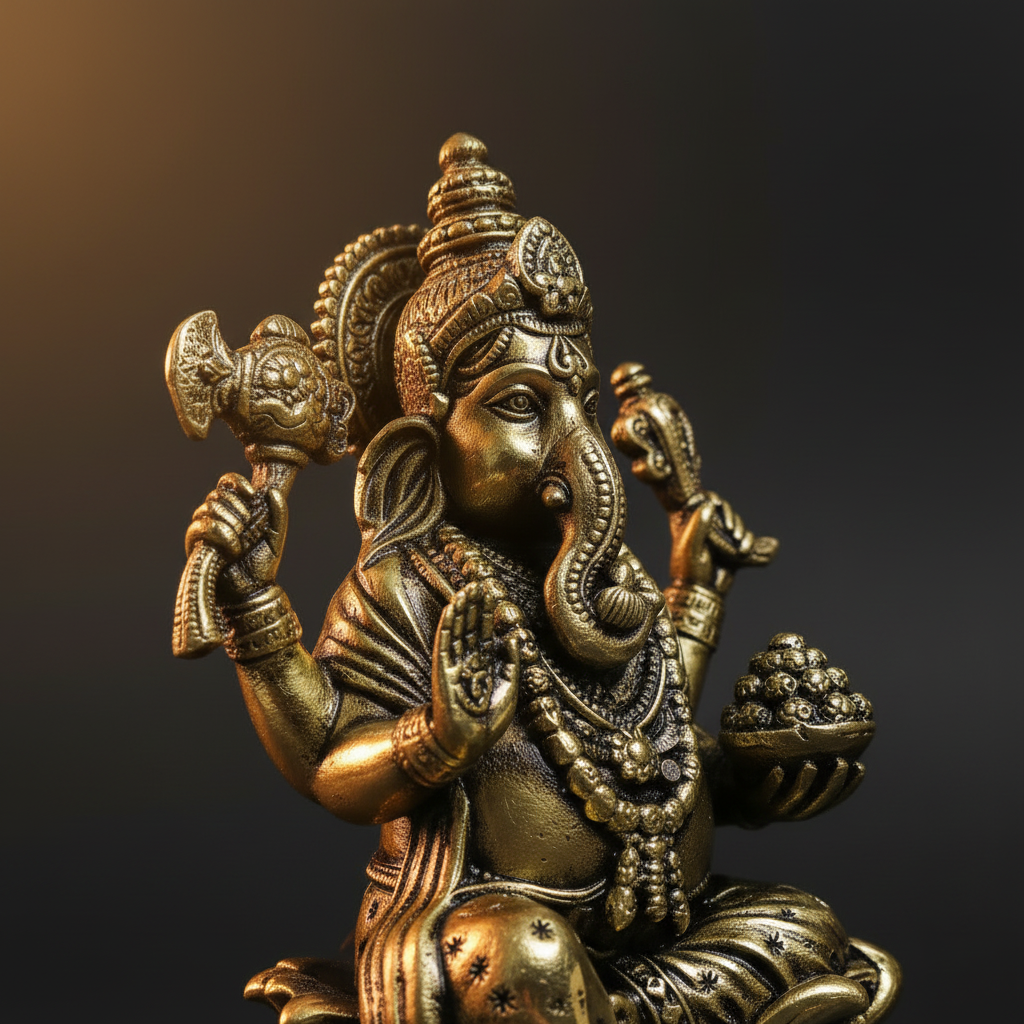 Brass Ganesha Idol — Warm Yellow-Gold Close-Up