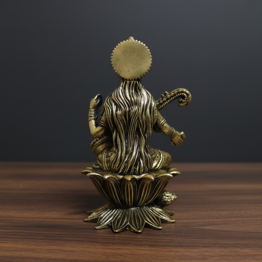 Brass Saraswati Idol — Back View Moody Dark