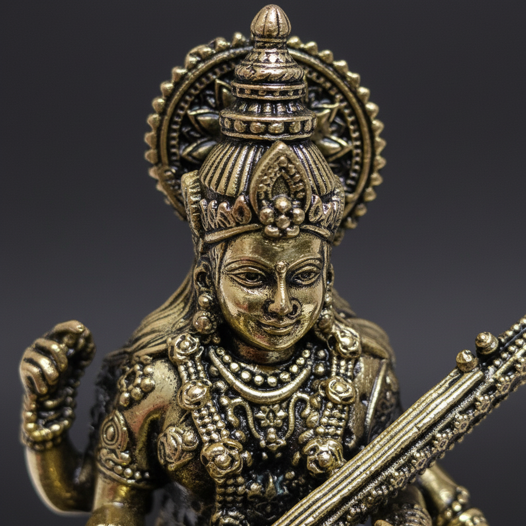 Brass Saraswati Idol — Crown & Face Close-Up