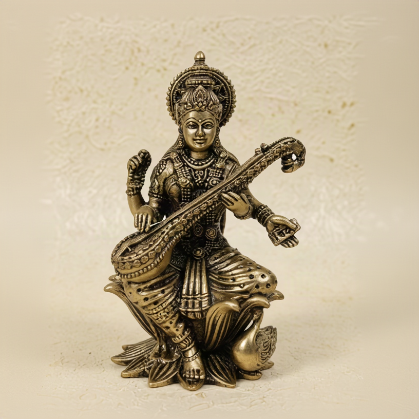 Brass Saraswati Idol — HD Hero with Styled Background