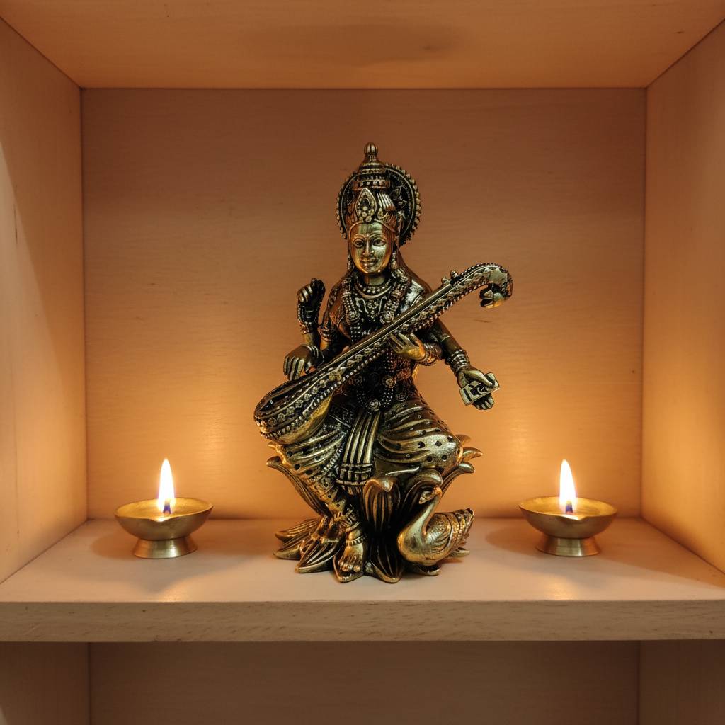 Brass Saraswati Idol — Mandir with Lit Diyas