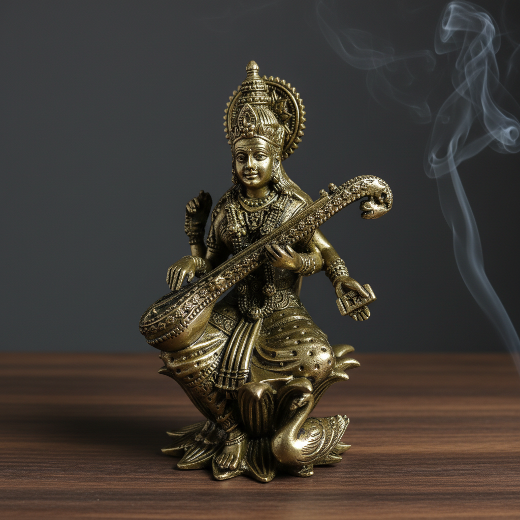 Brass Saraswati Idol — Moody Dark Background