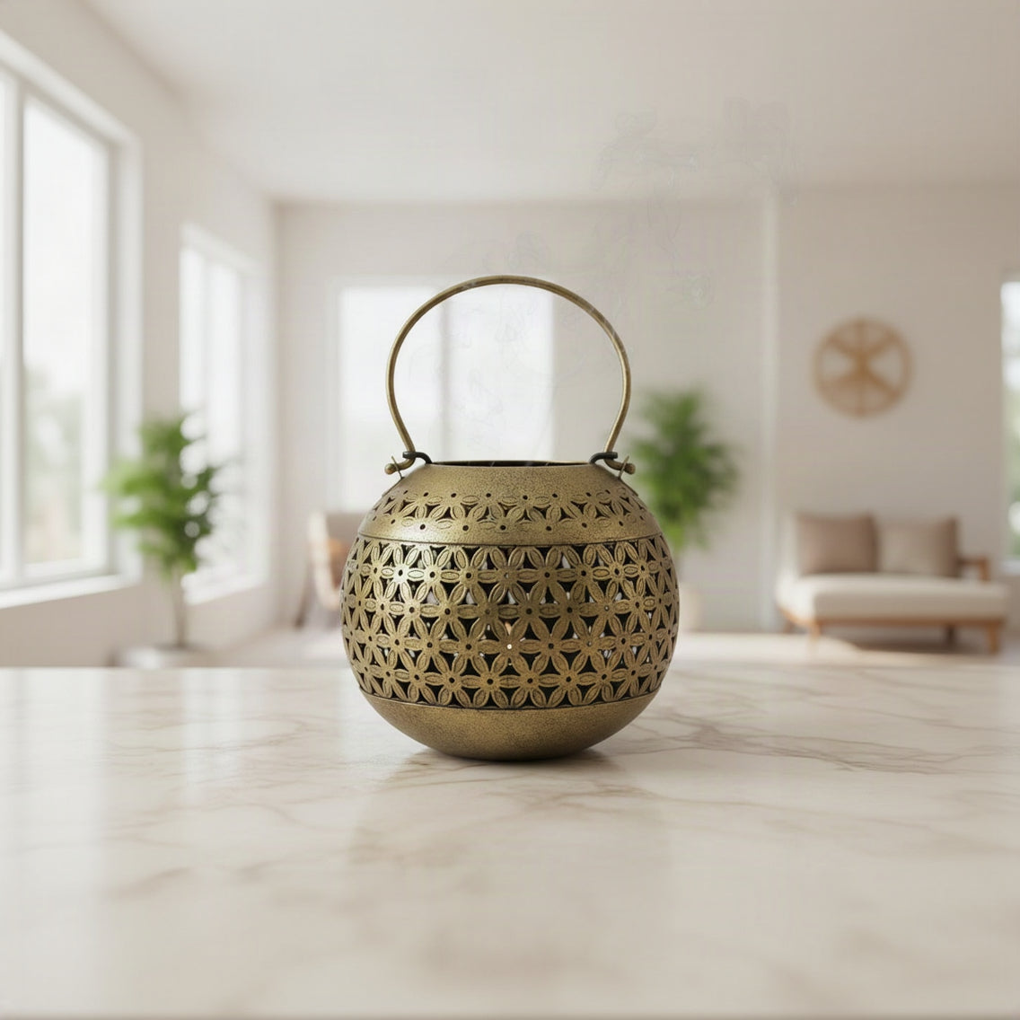 Decorative brass lantern with intricate patterns 
