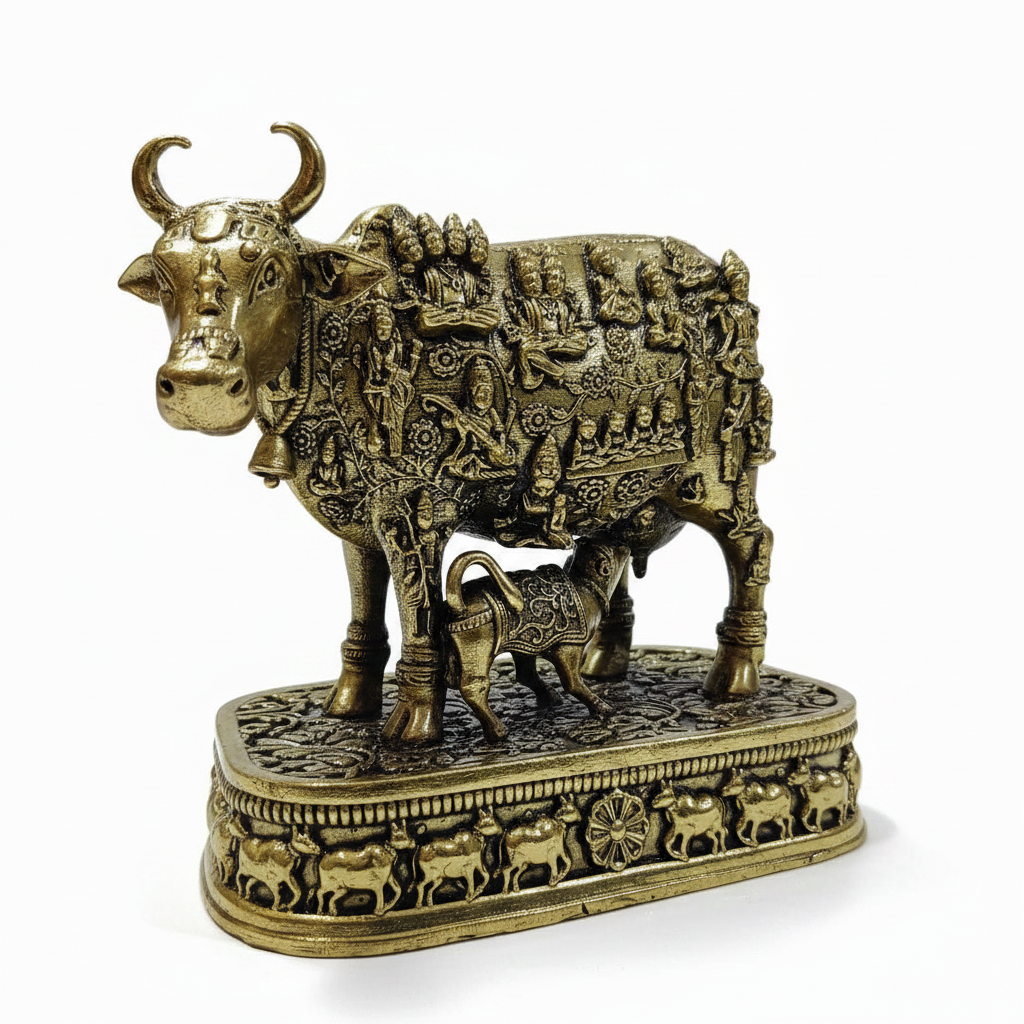 Kamdhenu Cow & Calf — Bright White BG Hero