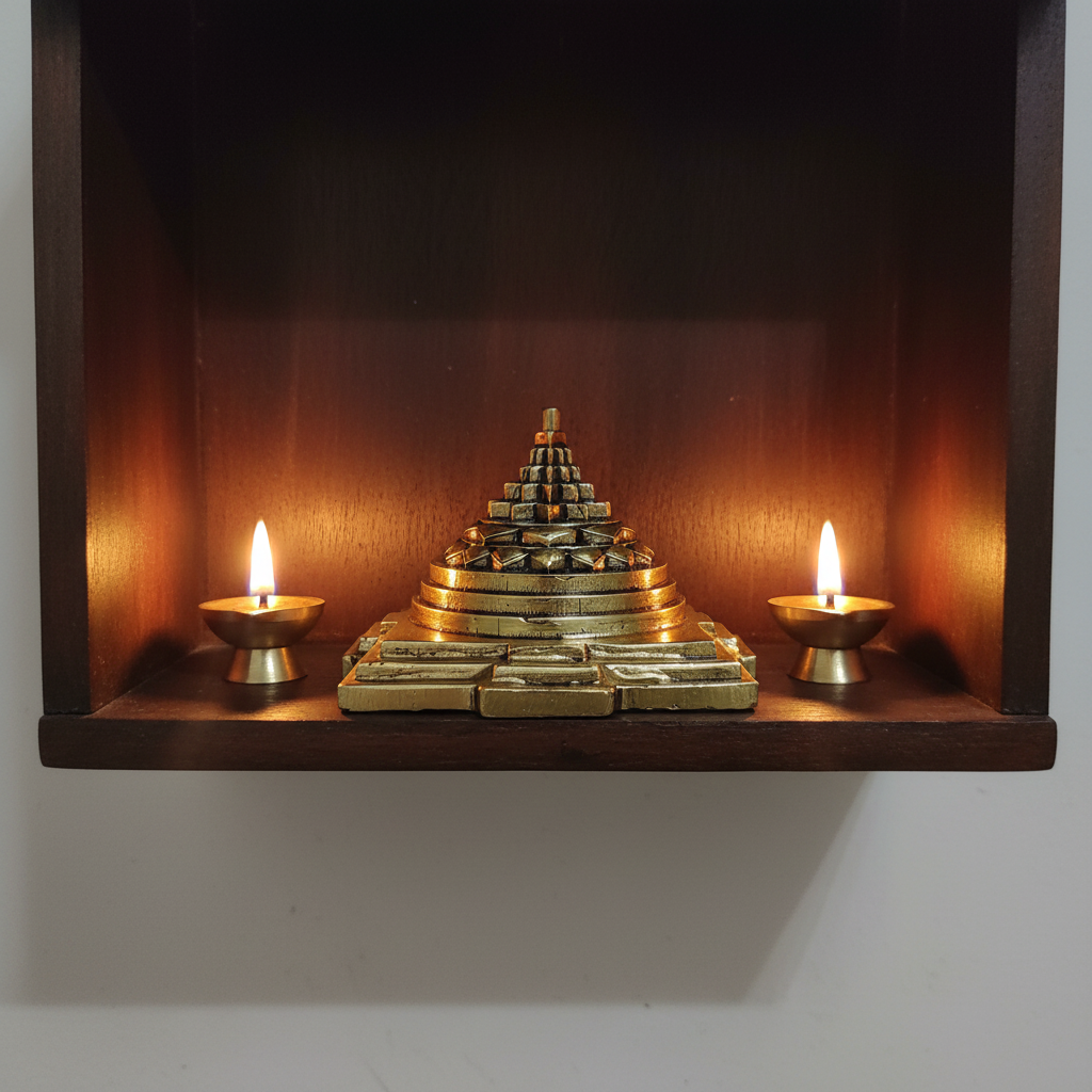 Meru Shri Yantra — Mandir with Lit Diyas