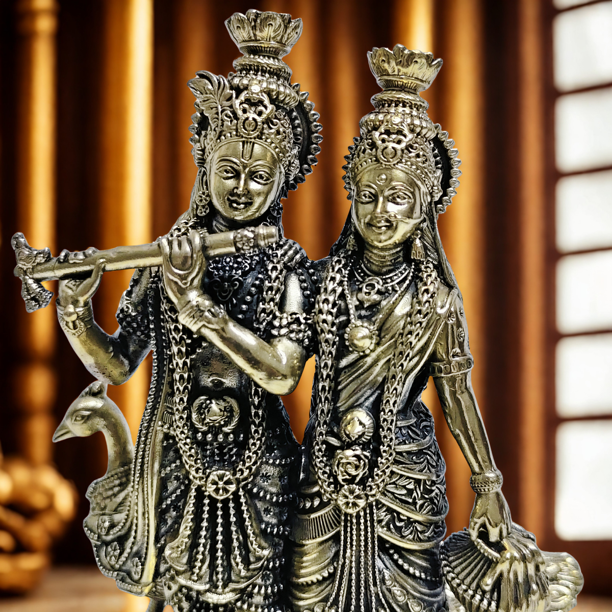 Radha Krishna Statue with Peacock — Brass Idol