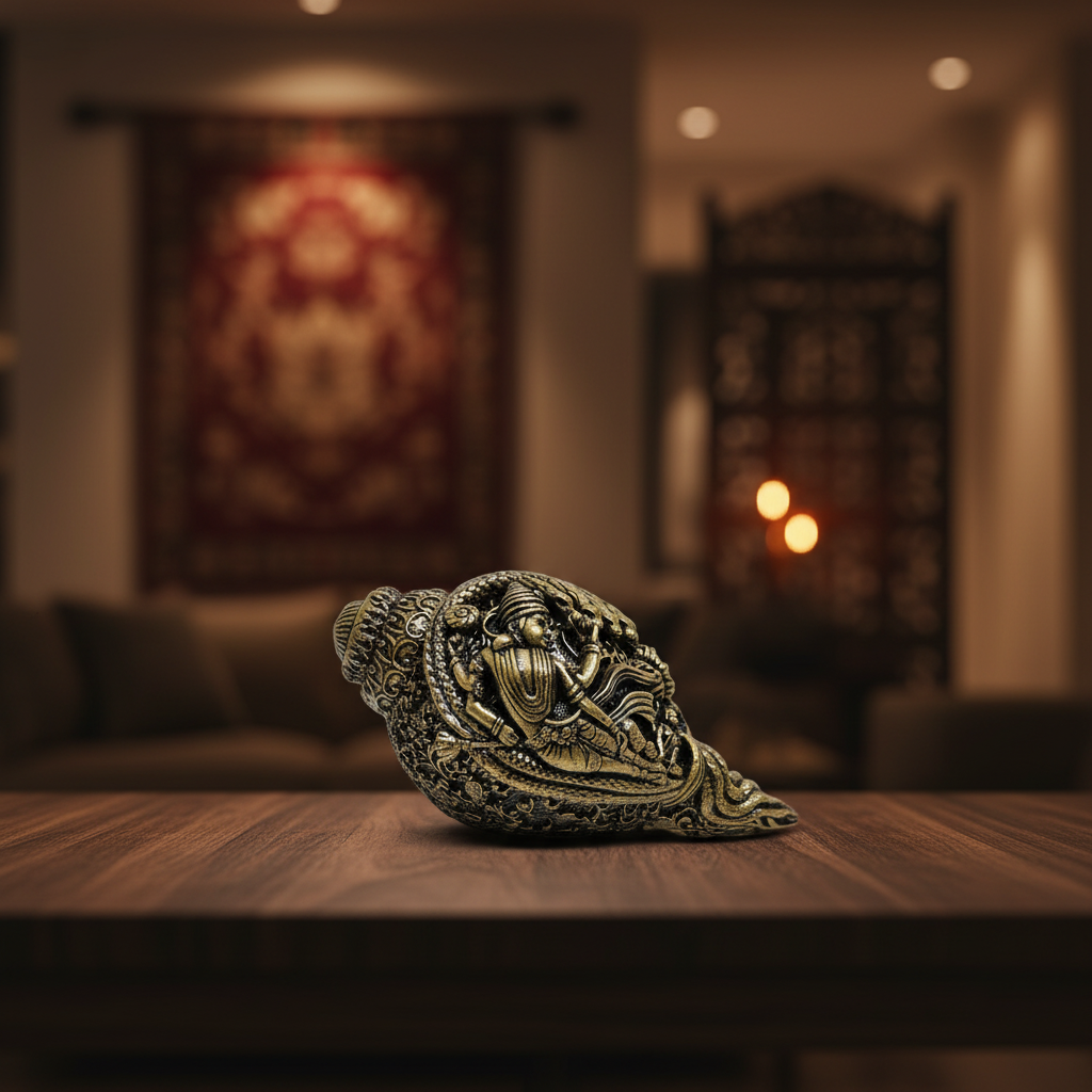 Brass Vishnu Shankh — Handcrafted Decorative Conch Shell with Deity Engravings | Antique Finish